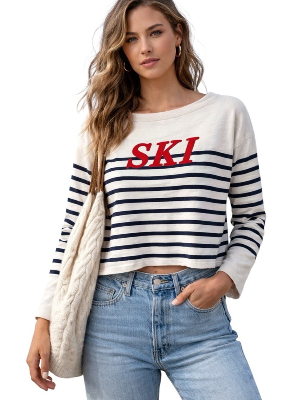 J. Crew Ski Striped Cropped Long Sleeve Tee Navy Cream Graphic Top Small